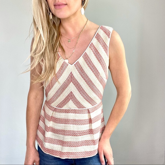 Under Skies Red Cream Gold Peplum Sleeveless Top - Picture 1 of 13